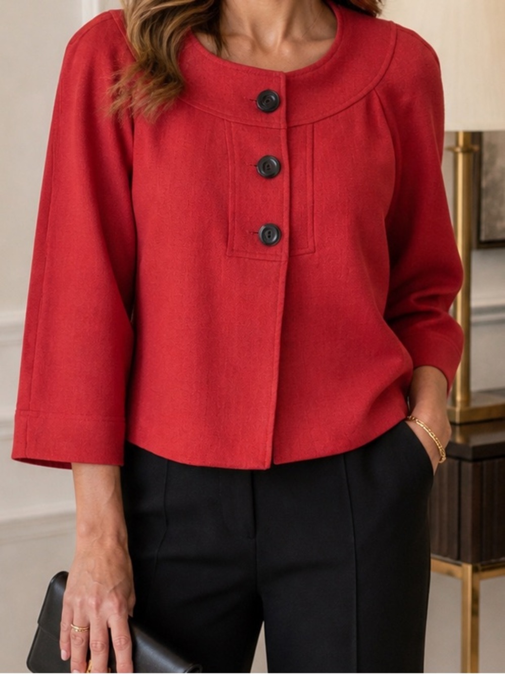 Perceptions NY Red Textured Jacket Cropped Button Front Blazer Size 12